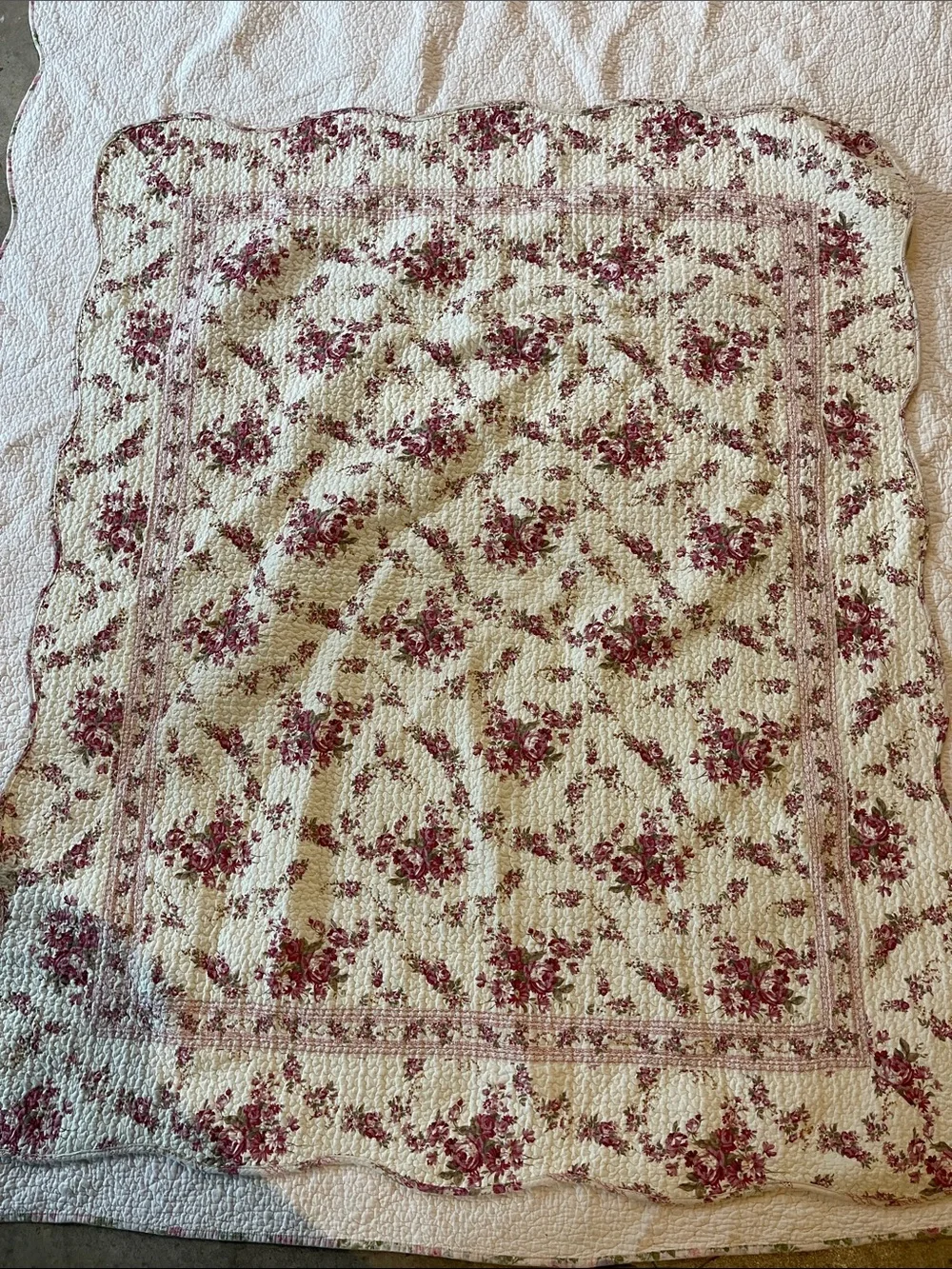 Floral Quilted embroidered Throw Blanket in Cream and Rose reversible